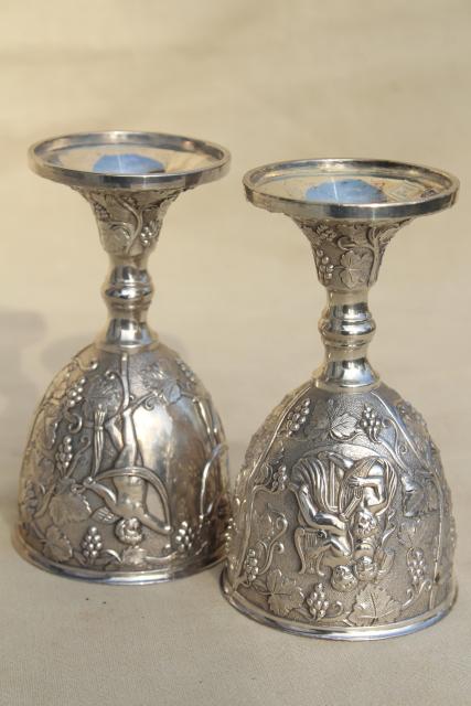 photo of pair ornate wedding cup goblets w/ cherub angels, vintage silver plate wine glasses #7