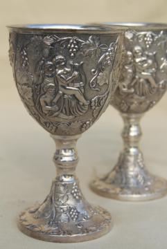 catalog photo of pair ornate wedding cup goblets w/ cherub angels, vintage silver plate wine glasses