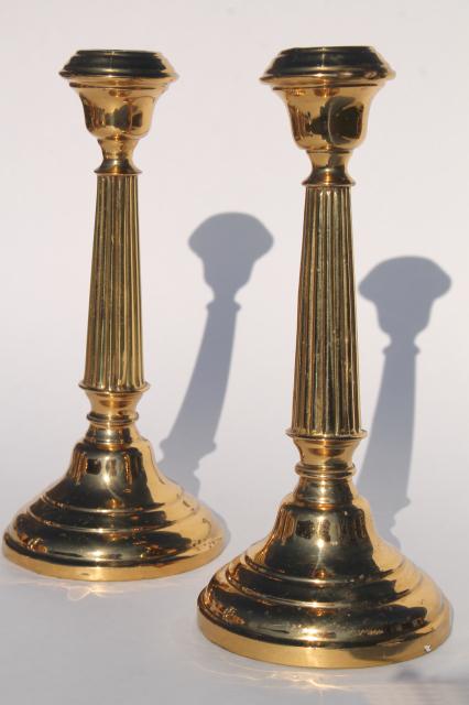 photo of pair polished brass candlesticks, vintage candle holders, English brass hollowware #3