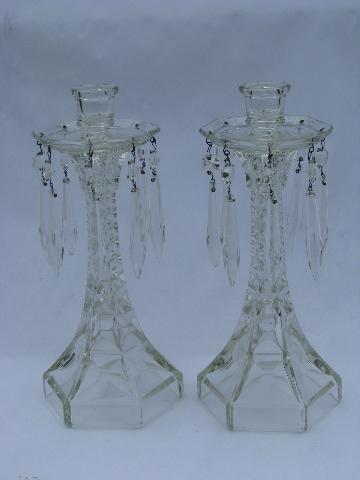 photo of pair pressed glass mantle lusters candlesticks w/ prisms, vintage candleholders #1