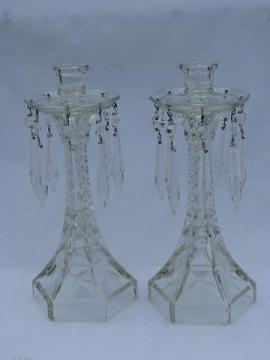 catalog photo of pair pressed glass mantle lusters candlesticks w/ prisms, vintage candleholders