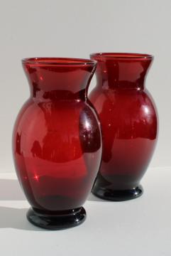 photo of pair royal ruby red glass vases w/ urn shape, vintage Anchor Hocking glassware
