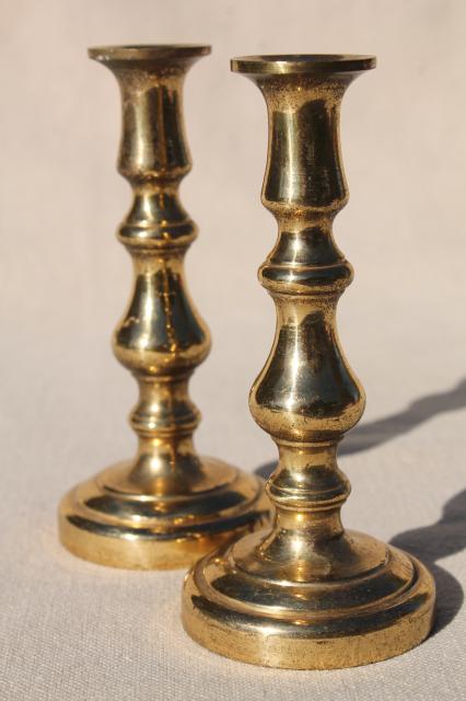 photo of pair small solid brass candlesticks, vintage Peerage - England brass candle holders #1