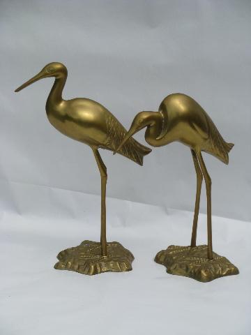 photo of pair solid brass birds, tall herons or egrets, 70s vintage sculptures #1