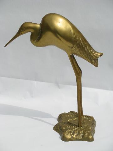 photo of pair solid brass birds, tall herons or egrets, 70s vintage sculptures #2