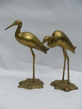 catalog photo of pair solid brass birds, tall herons or egrets, 70s vintage sculptures