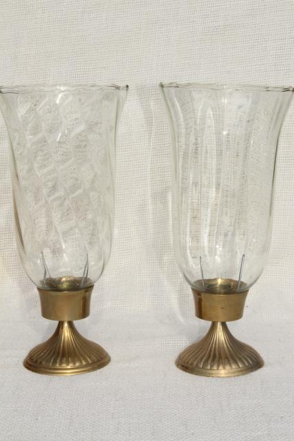 photo of pair solid brass candlesticks, vintage candle holders optic glass hurricane shades #2