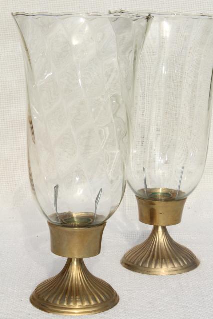 photo of pair solid brass candlesticks, vintage candle holders optic glass hurricane shades #3