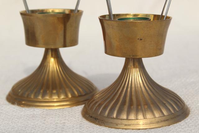 photo of pair solid brass candlesticks, vintage candle holders optic glass hurricane shades #4