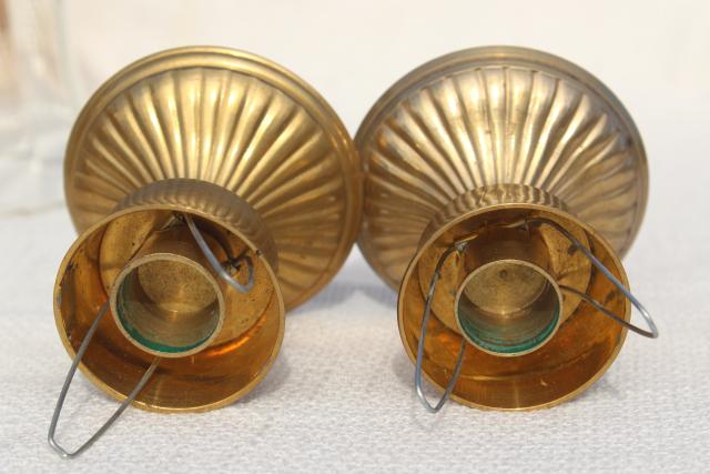 photo of pair solid brass candlesticks, vintage candle holders optic glass hurricane shades #5