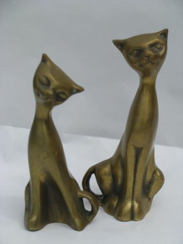 photo of pair solid brass cat figures, 70s vintage brassware sculptures, cats #1