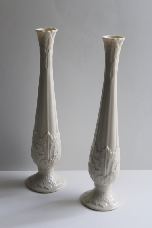 photo of pair tall bud vases Lenox ivory china, acanthus leaves woodland florentine pattern  #1