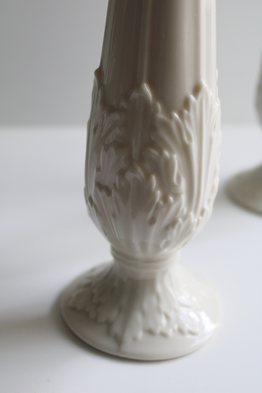 photo of pair tall bud vases Lenox ivory china, acanthus leaves woodland florentine pattern  #2