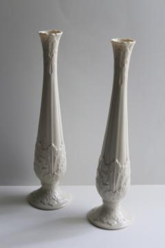 catalog photo of pair tall bud vases Lenox ivory china, acanthus leaves woodland florentine pattern 