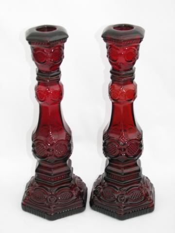 photo of pair tall candlesticks, vintage Avon Cape Cod ruby red glass #1