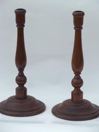 photo of pair tall rustic pine candlesticks, vintage turned wood candle holders #1