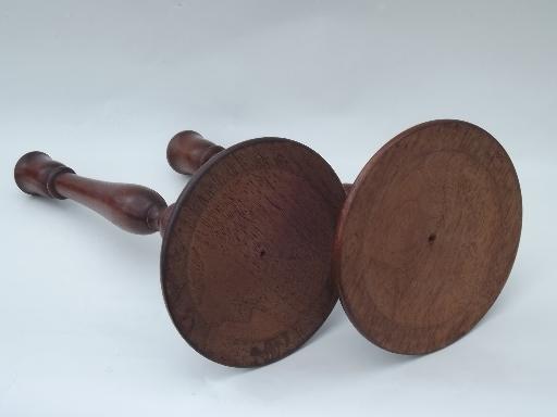 photo of pair tall rustic pine candlesticks, vintage turned wood candle holders #4