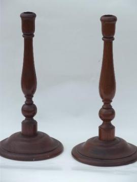 catalog photo of pair tall rustic pine candlesticks, vintage turned wood candle holders