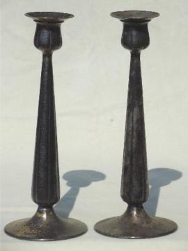catalog photo of pair tall silver plate candlesticks, art nouveau vintage hammered silver