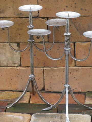 photo of pair tall wrought iron candelabra candlesticks, antique silver finish #1