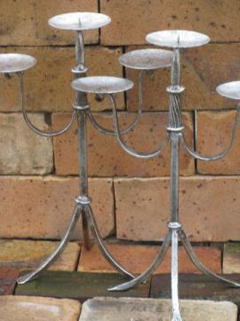 catalog photo of pair tall wrought iron candelabra candlesticks, antique silver finish