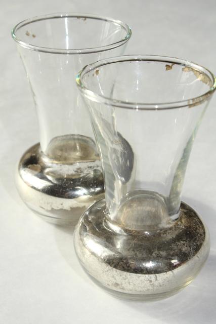 photo of pair tiny old glass violet vases w/ shabby silvered finish, vintage vase set #1