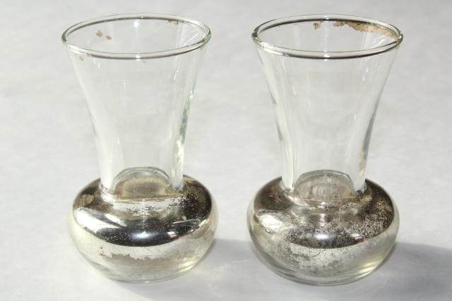 photo of pair tiny old glass violet vases w/ shabby silvered finish, vintage vase set #2