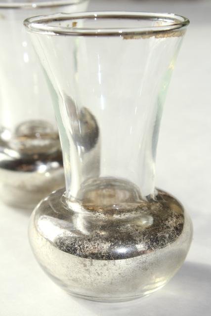 photo of pair tiny old glass violet vases w/ shabby silvered finish, vintage vase set #3