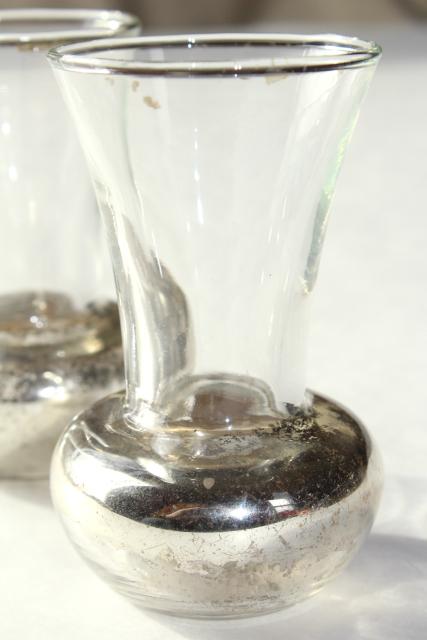 photo of pair tiny old glass violet vases w/ shabby silvered finish, vintage vase set #4