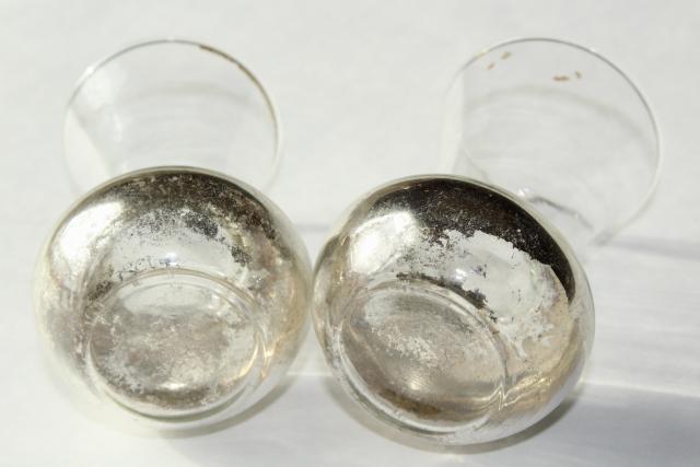 photo of pair tiny old glass violet vases w/ shabby silvered finish, vintage vase set #5