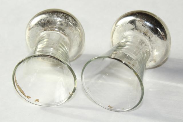 photo of pair tiny old glass violet vases w/ shabby silvered finish, vintage vase set #7