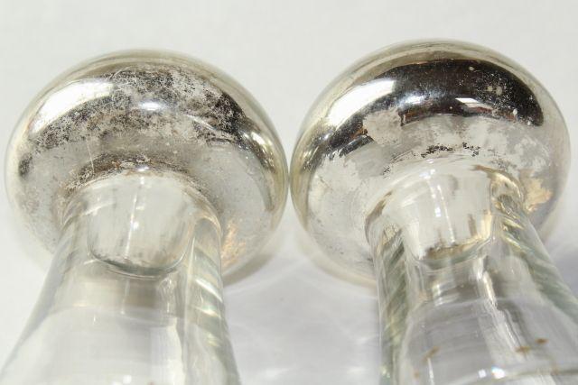 photo of pair tiny old glass violet vases w/ shabby silvered finish, vintage vase set #9