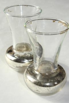 catalog photo of pair tiny old glass violet vases w/ shabby silvered finish, vintage vase set