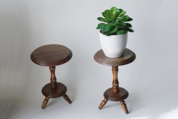 catalog photo of pair tiny wood plant stands, 70s vintage candle holders or planter pot stands table top size 