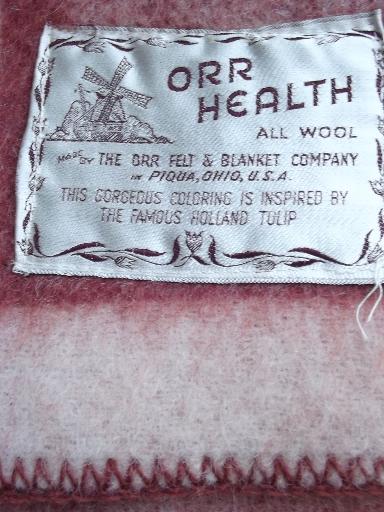 photo of pair unused vintage wool camp blankets w/ dutch tulips, old Orr labels #8