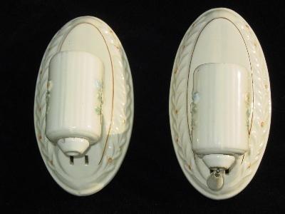 photo of pair vintage 30s Porcelier floral sconces with the orig label #1