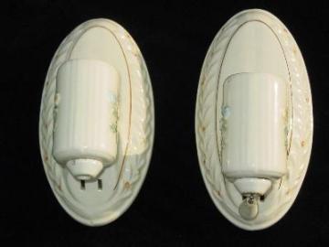 catalog photo of pair vintage 30s Porcelier floral sconces with the orig label