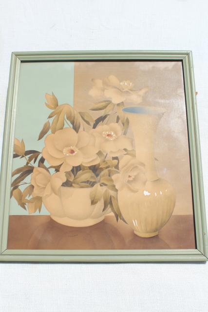 photo of pair vintage 40s 50s framed prints, retro florals aqua & tan still life art #3