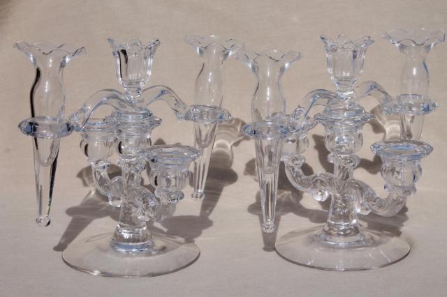 photo of pair vintage Cambridge arms crystal clear elegant glass candelabras w/ flower vase epergnes #1