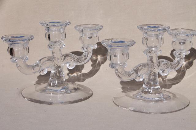 photo of pair vintage Cambridge arms crystal clear elegant glass candelabras w/ flower vase epergnes #2