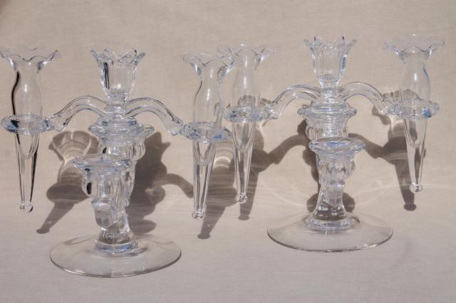 photo of pair vintage Cambridge arms crystal clear elegant glass candelabras w/ flower vase epergnes #12