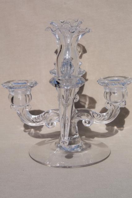 photo of pair vintage Cambridge arms crystal clear elegant glass candelabras w/ flower vase epergnes #15