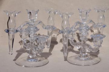 catalog photo of pair vintage Cambridge arms crystal clear elegant glass candelabras w/ flower vase epergnes