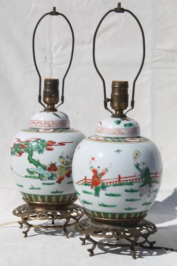 photo of pair vintage Chinese ginger jar lamps, painted china urns w/ ornate brass pot stands #1