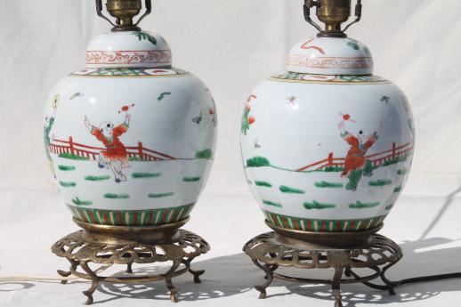 photo of pair vintage Chinese ginger jar lamps, painted china urns w/ ornate brass pot stands #4