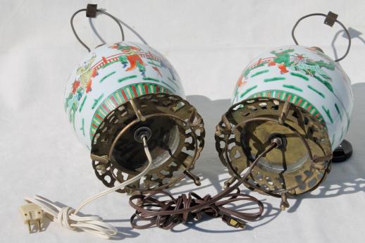 photo of pair vintage Chinese ginger jar lamps, painted china urns w/ ornate brass pot stands #8