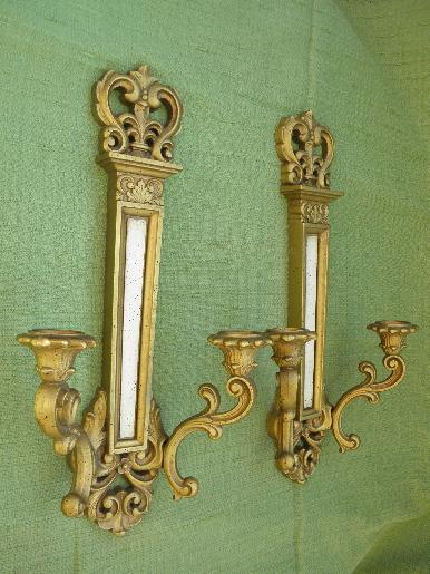 photo of pair vintage Syroco plastic wall sconces for candles, florentine gold #1