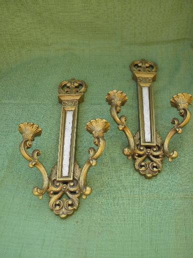 photo of pair vintage Syroco plastic wall sconces for candles, florentine gold #2