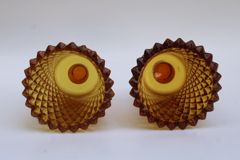 photo of pair vintage amber glass diamond point peg candle holder cups for votive tea light candles #2