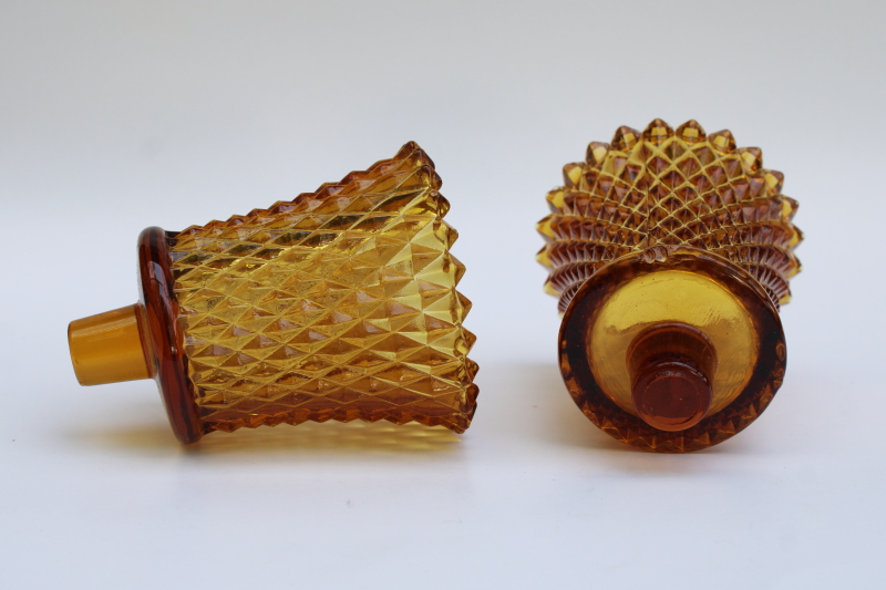 photo of pair vintage amber glass diamond point peg candle holder cups for votive tea light candles #3